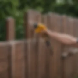 A close-up of a fence being sprayed with sealant