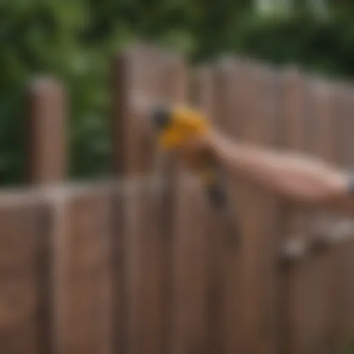 A close-up of a fence being sprayed with sealant