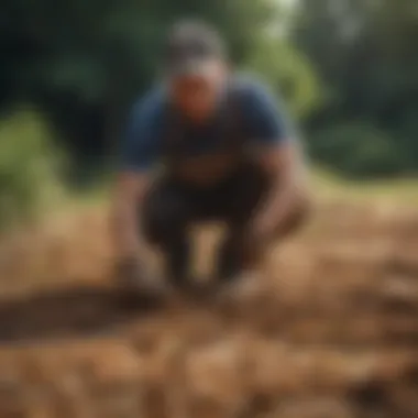 A gardener applying straw mulch to a grassy area