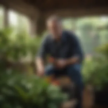 Evaluating Plant Health A gardener assessing plant health and nutrient levels