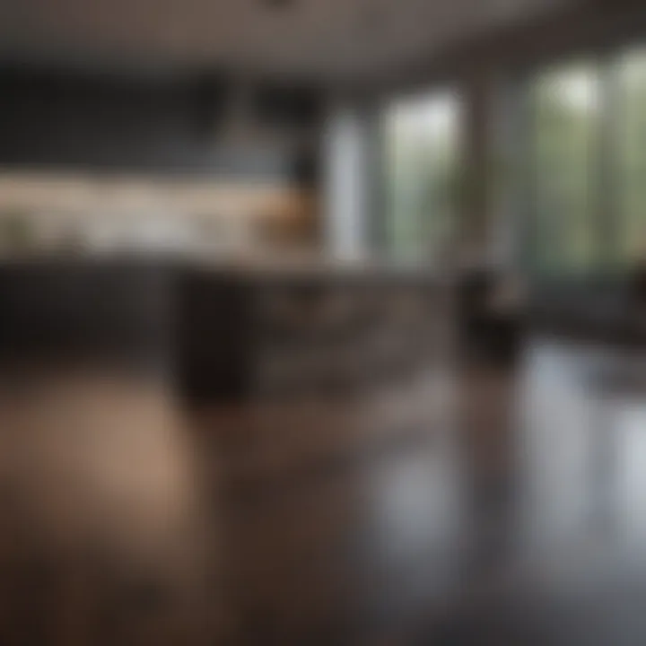 Modern kitchen with dark wood flooring
