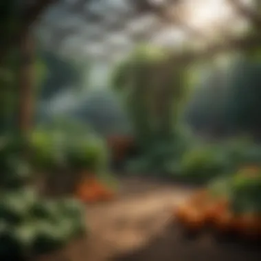 Vegetables Thriving in a Shaded Environment A garden with various vegetables thriving under a shade structure