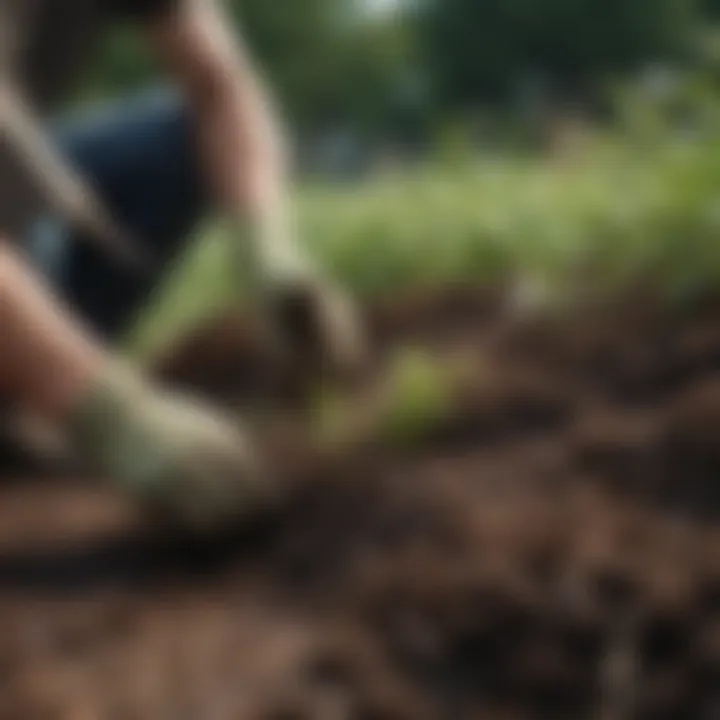 Close-up of a landscaper using organic mulch to suppress weeds