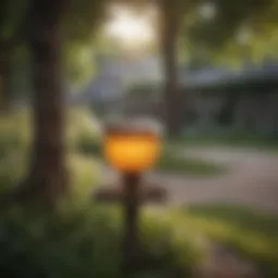 A serene yard with wasp traps hanging from trees