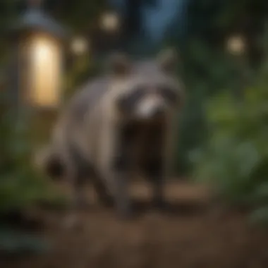 Curious Raccoon in the Garden Raccoon exploring a garden at night