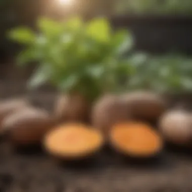 Benefits of companion planting for sweet potatoes Diagram explaining the benefits of companion planting for sweet potatoes.