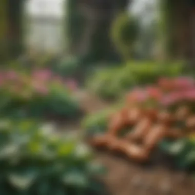 A thriving garden layout for sweet potatoes and companions A vibrant garden showcasing sweet potato plants among companion plants.