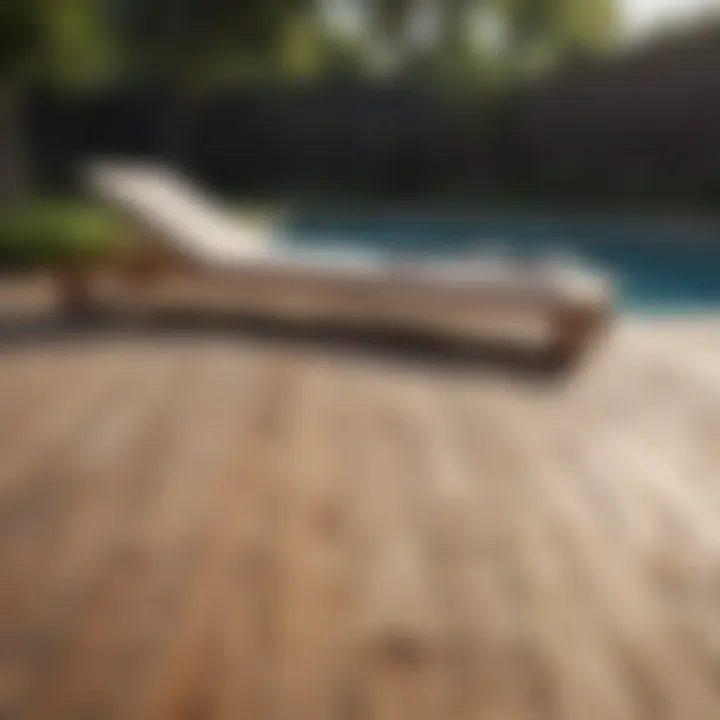 Modern wooden decking with poolside loungers