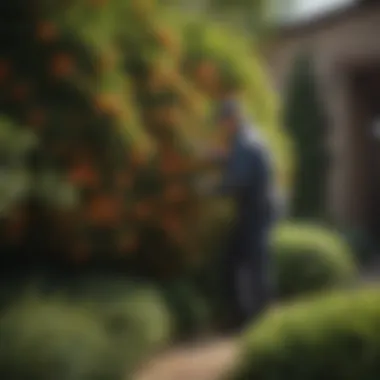 A gardener tending to tall flowering shrubs, ensuring optimal growth and health