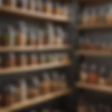 Close-up of decorative jars and bins arranged aesthetically on pantry shelves