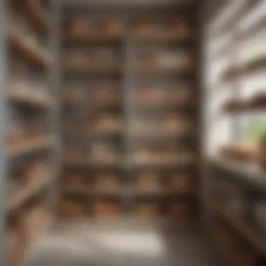 A well-structured pantry layout with ample shelving and decorative baskets