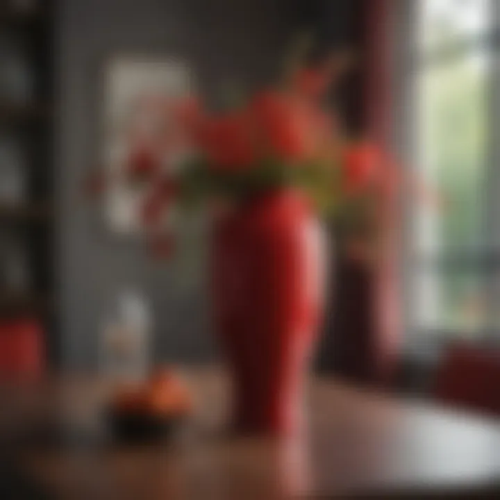 Elegant red vase with fresh flowers on a dining table