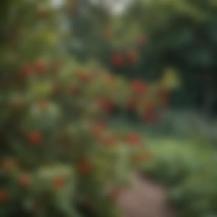 Various species of trees adorned with small red berries in a garden setting