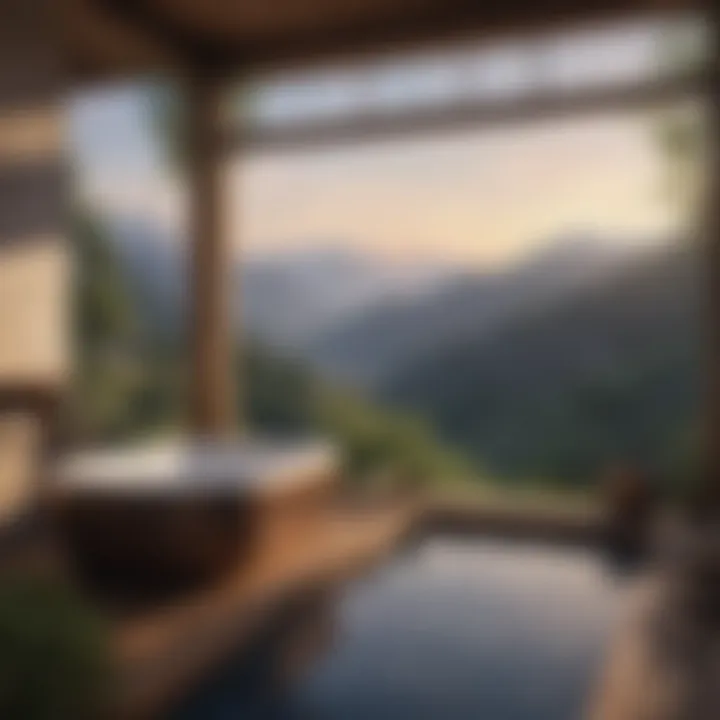 An outdoor bath with a breathtaking view of mountains