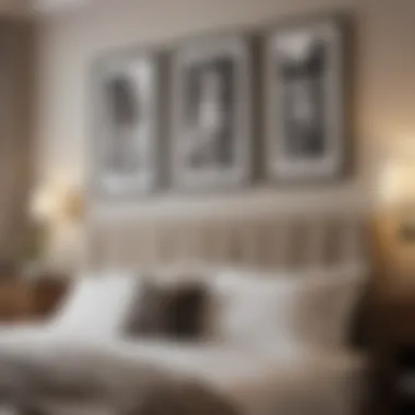 Elegant arrangement of picture frames above a bed showcasing a mix of styles