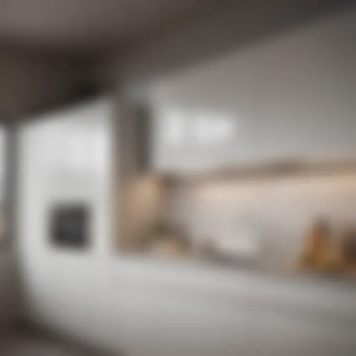 A modern kitchen showcasing sleek wall-mounted cupboards with minimalist design.