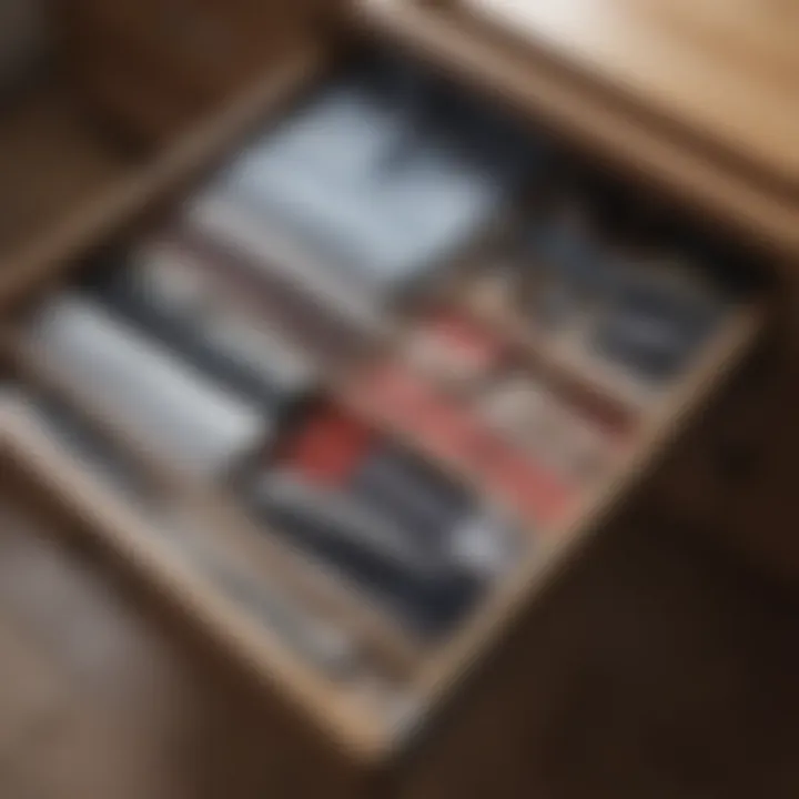 A neatly arranged drawer with folded clothes and accessories