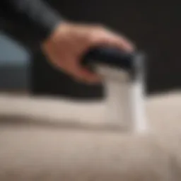 A close-up view of a lint roller in action, effectively removing pet hair from a black jacket.