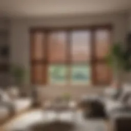 A beautifully designed wooden window shutter in a modern living room setting.