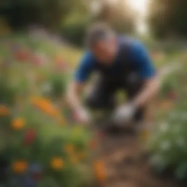 A gardener tending to a flourishing wildflower bed, illustrating maintenance practices