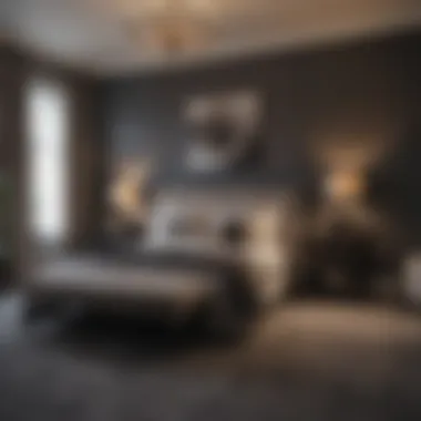 Cozy Bedroom with Dark Carpet and Soft Lighting A cozy bedroom showcasing a dark carpet with soft lighting