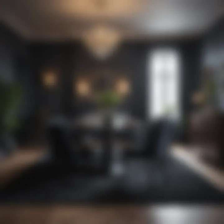 An elegant dining area with a dark carpet and refined furniture