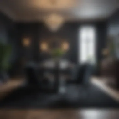 Elegant Dining Area Featuring Dark Carpet An elegant dining area with a dark carpet and refined furniture