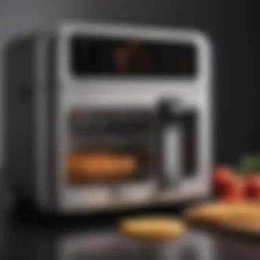 A side view of a multifunction air fryer with various settings displayed on the control panel