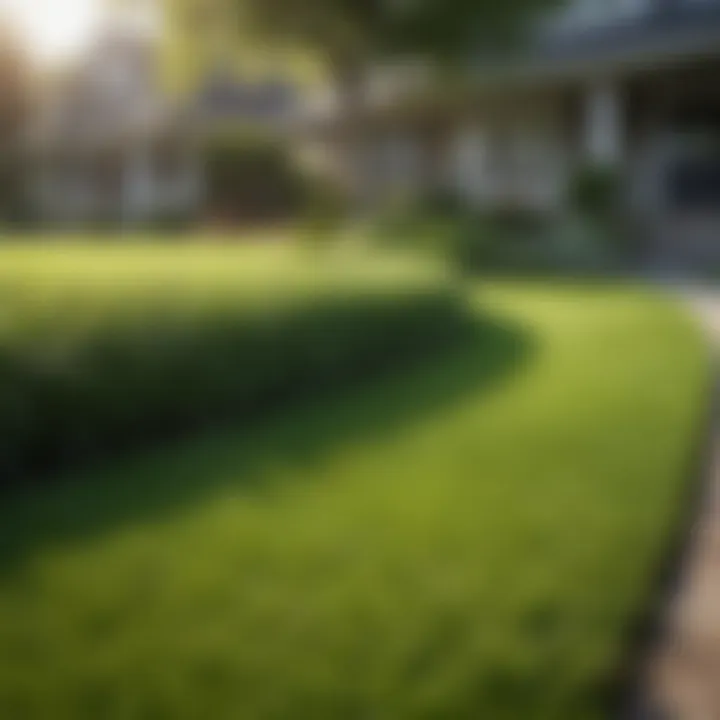 A well-maintained lawn with visible lines of grass seed application