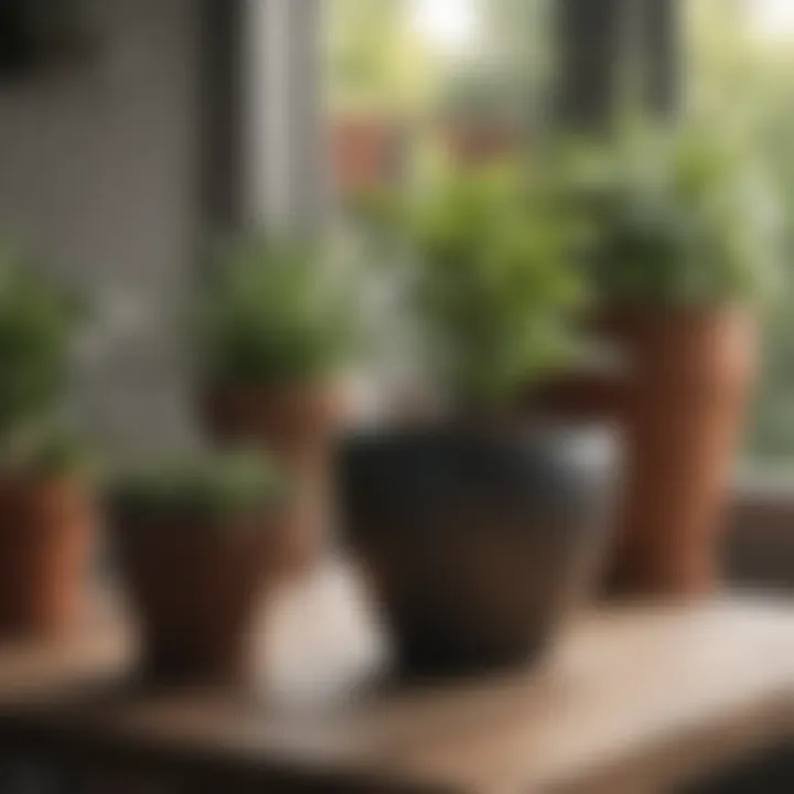 A selection of various-sized patio pots on a garden table.