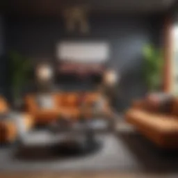 A vibrant living room showcasing contemporary decor with bold color contrasts