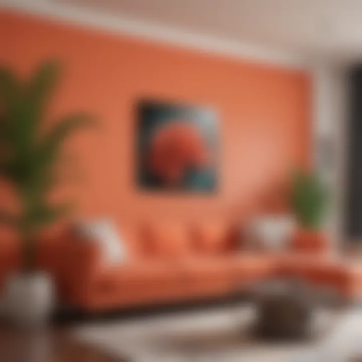 Bright and modern living room with a vibrant coral accent wall.