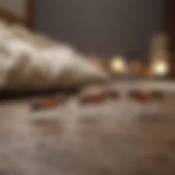 Close-up of tiny ants on a surface in a bedroom setting