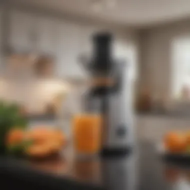 Masticating juicer displayed on a kitchen countertop with fresh produce around it