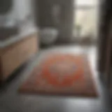 A selection of different rug sizes displayed in a small bathroom setting