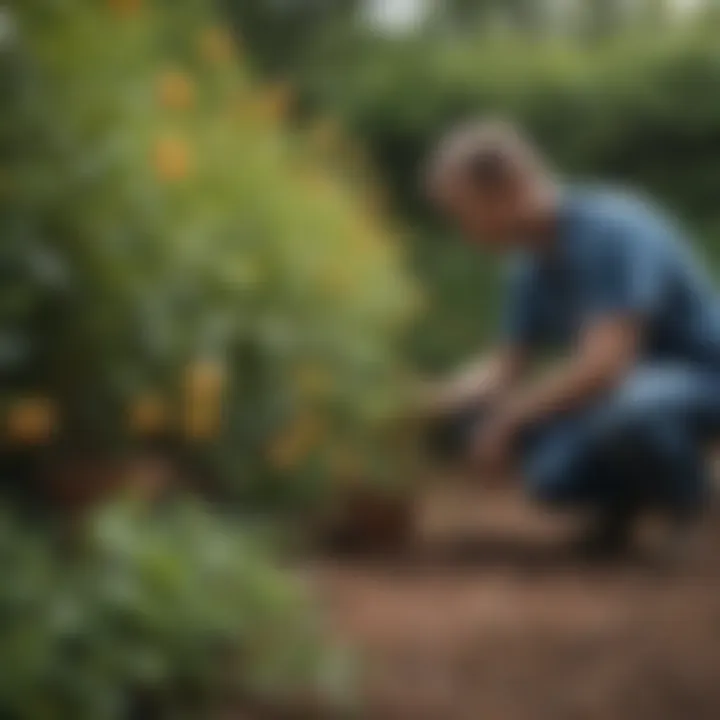 Homeowner tending to honeysuckle plants in a garden