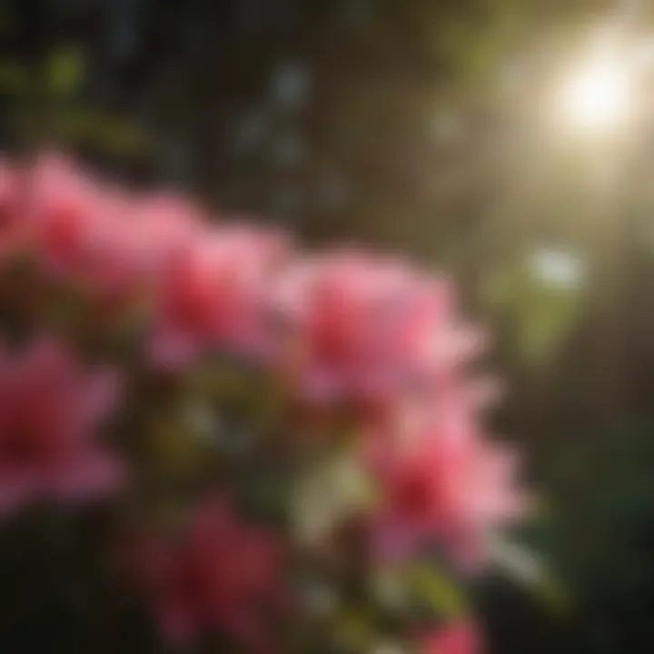 Close-up of azalea flowers with sunlight filtering through leaves.