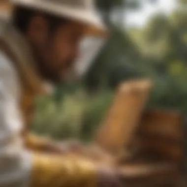 A beekeeper observing a beehive