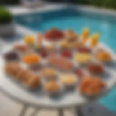 An array of delightful snacks and beverages artfully arranged on a table near the pool.