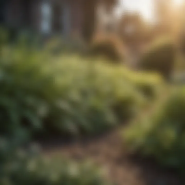 Close-up of a selective herbicide applied near perennials.