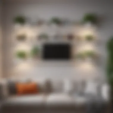 Bringing Functionality with Decorative Shelves Decorative shelves filled with books and plants above a sofa