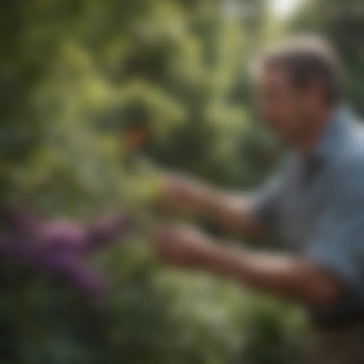 Gardener assessing butterfly bush for pruning