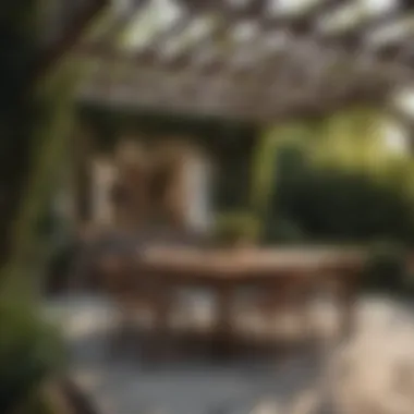 Modern wood dining table under a pergola