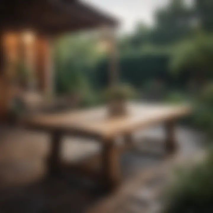 Rustic wood table on a patio with vibrant plants